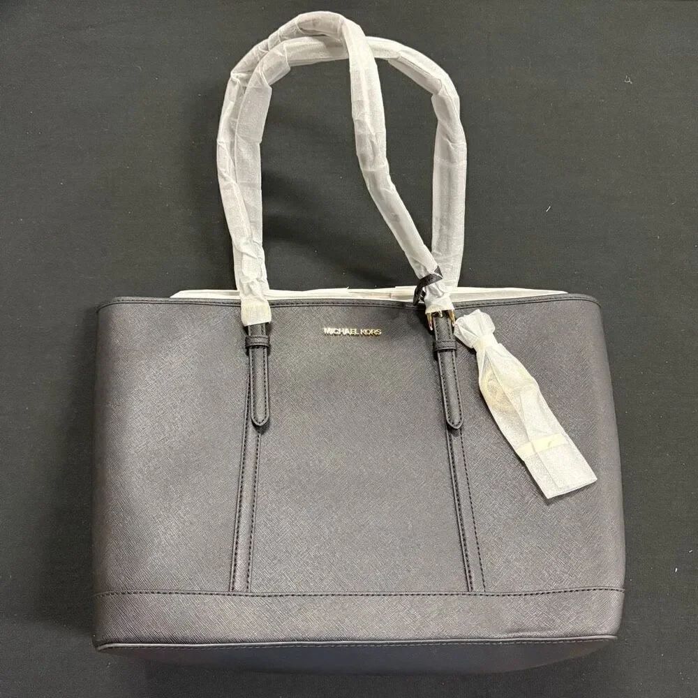 New Michael Kors Black Jet Set Travel Large Saffiano Leather Tote Bag